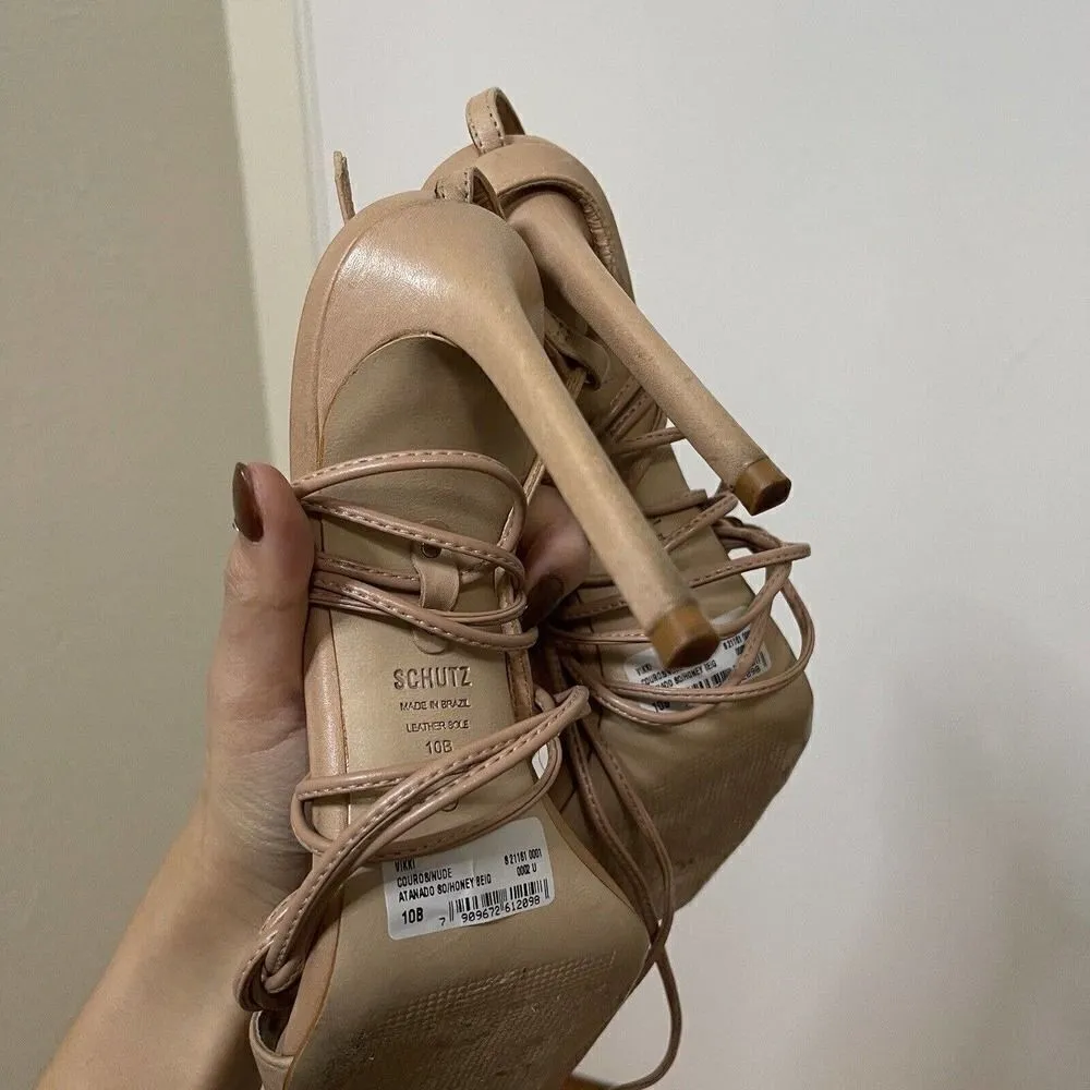 SCHUTZ Tan Strappy Stiletto wrap up heels size US 10 - Image 7