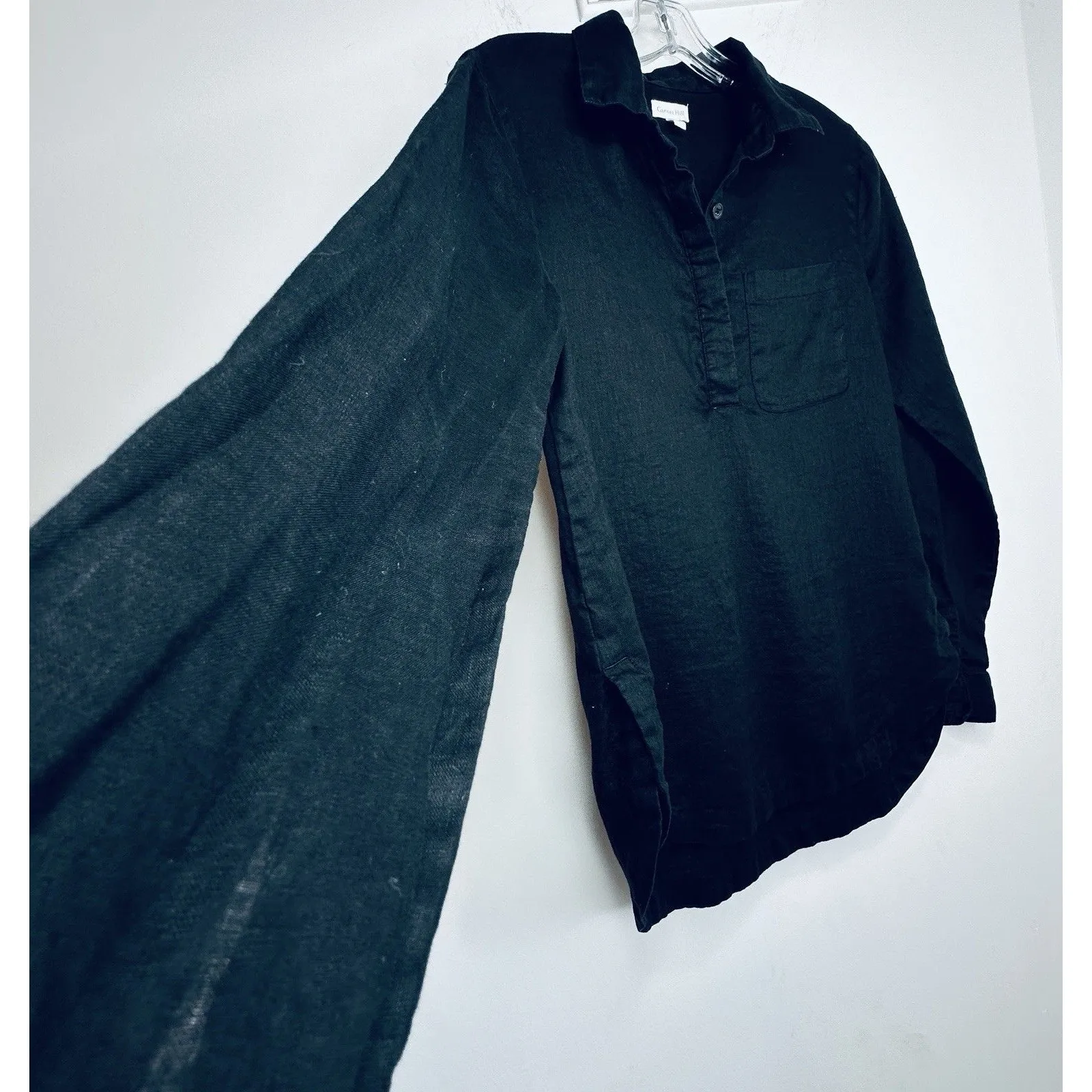 garnet Hill Black Linen Button Front Long Sleeve Tunic Shirt size small pocket - Image 6