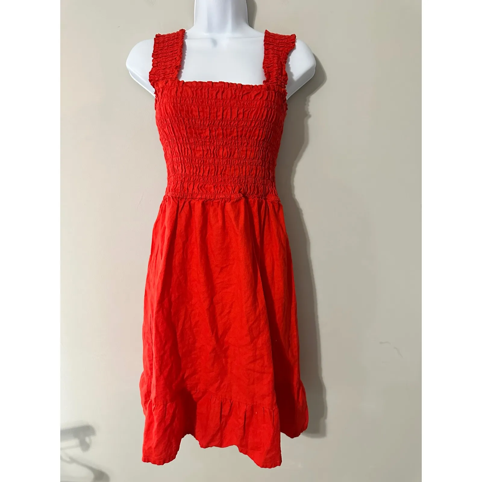 SAKS FIFTH AVENUE Red Smocked Square Neck‎ Linen Blend Ruffle Hem Dress M - Image 2