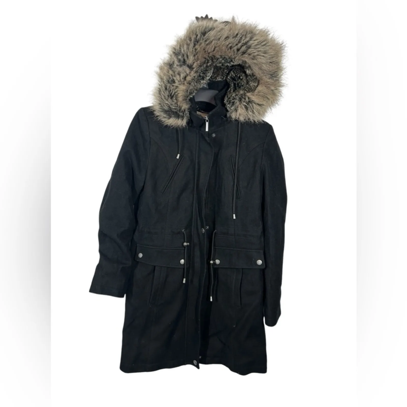 Laundry by Shelli Segal Black Wool Trench Coat Size 8 Removable Fur Hood - Image 4