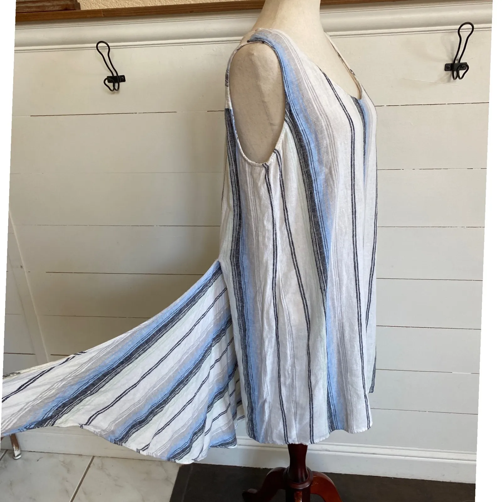 Anthropologie Drew Morgan Linen blend Blue White Striped Tie Waist tank dress- L - Image 6