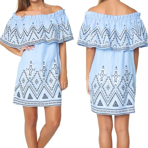 Parker Susie Linen Off The Shoulder Ruffle Embroidered Dress: Periwinkle Blue - Image 2