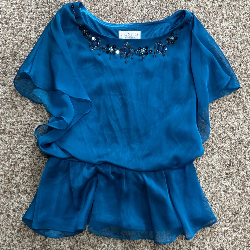 J R NITES by Carollyn royal Blue blouse with Embellished jewelled Neckline Size 6 - Image 2