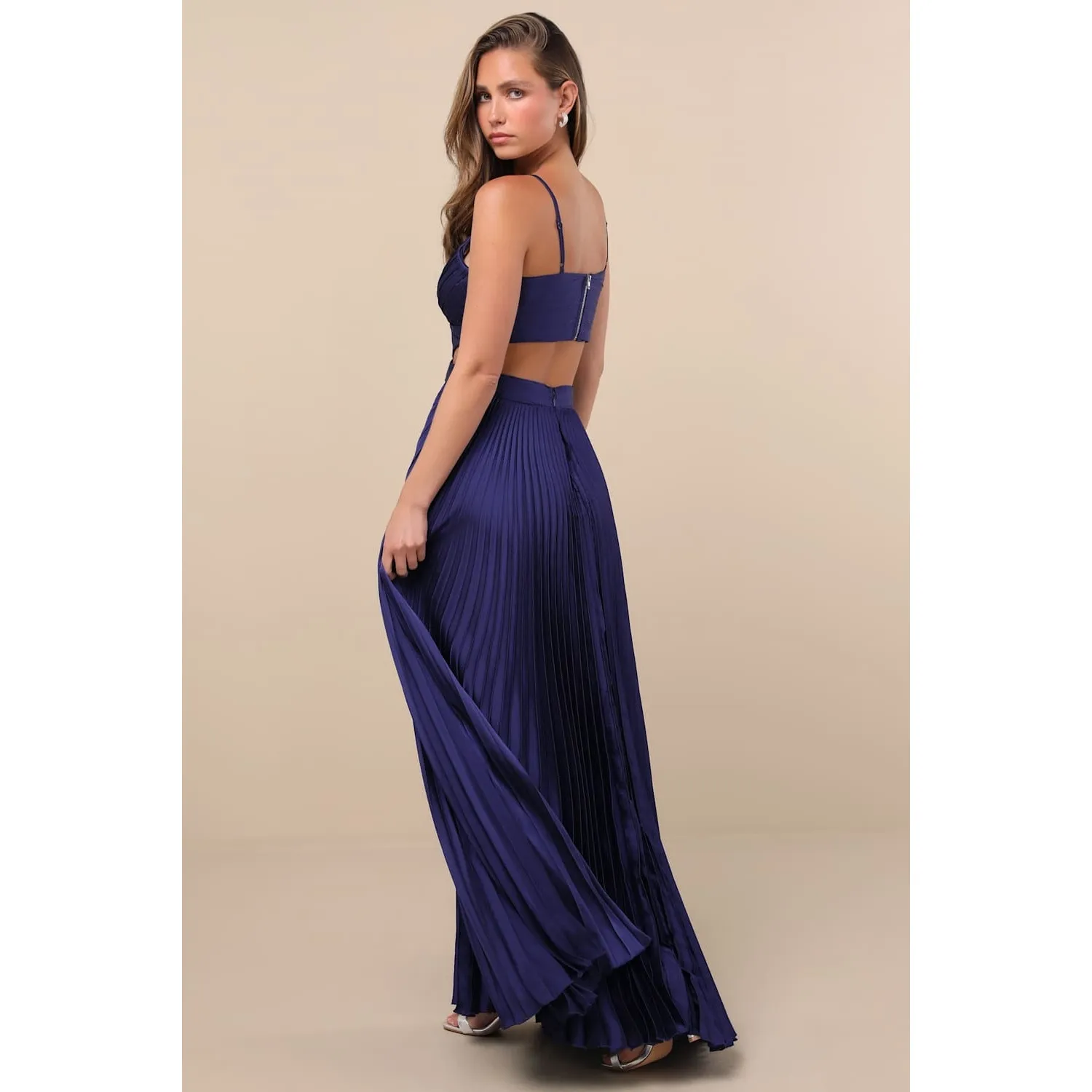 NWT Lulus Got the Glam Navy Blue Pleated Cutout Maxi Dress Wedding Bridesmaid S - Image 3
