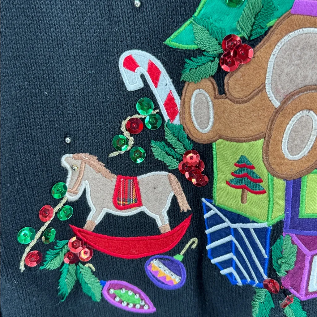 KIKIT Black Sweater with Teddy Bear Christmas Tree Design cowl neck L metallic Size L - Image 8