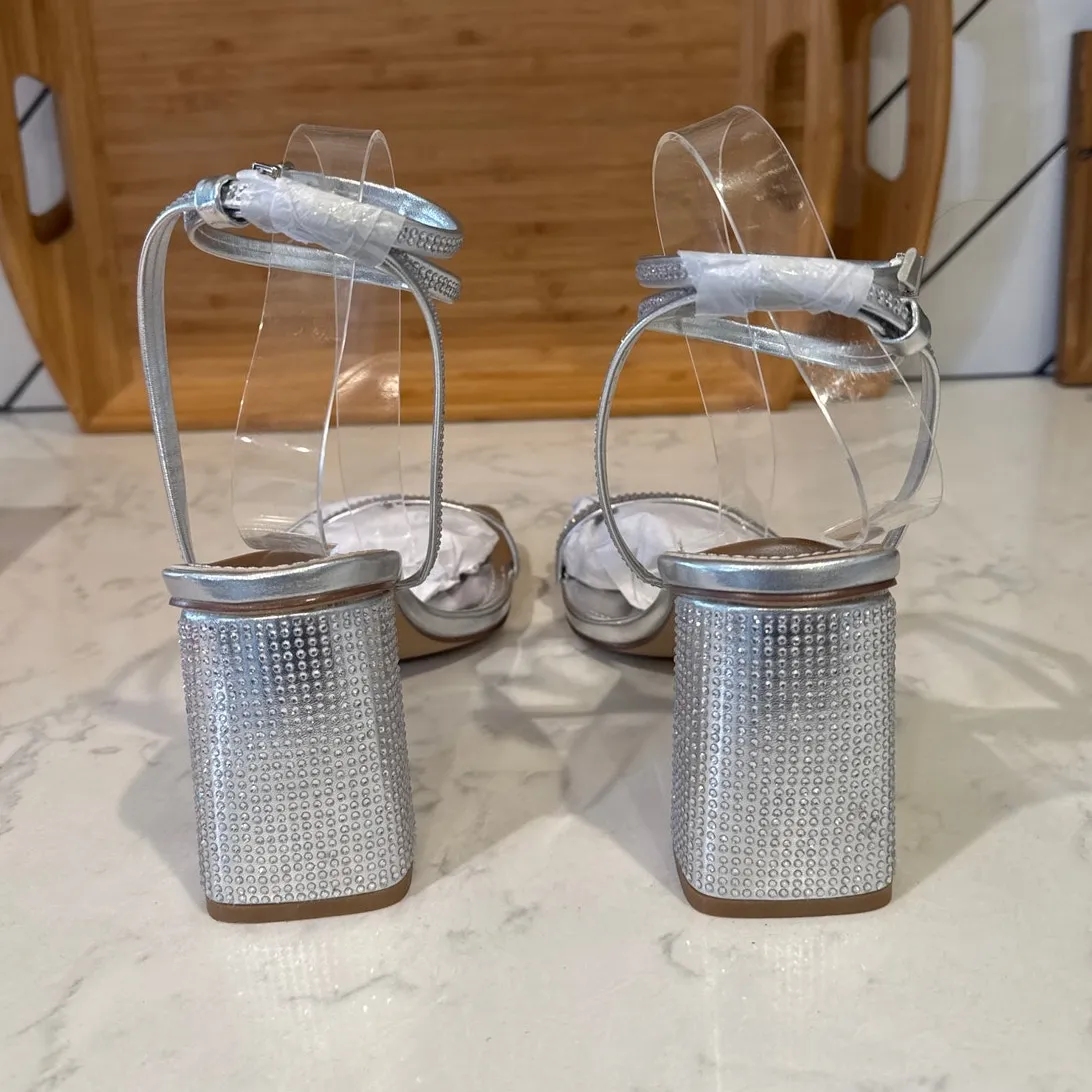 ASOS SIMI LONDON size 10 wide block heeled sandals embellished silver sparkle - Image 3