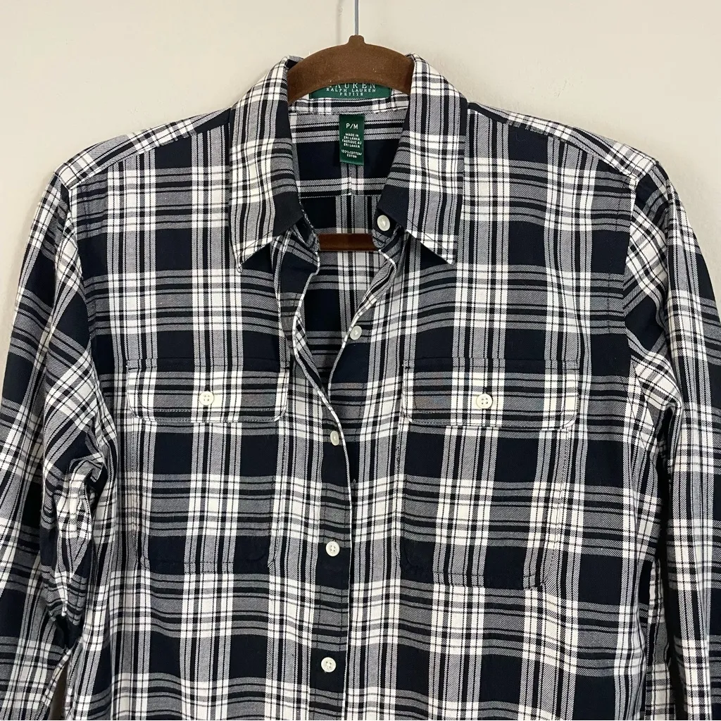 Lauren Ralph Lauren Black and White Plaid Utility Button Up‎ Shirt Size MP - Image 5
