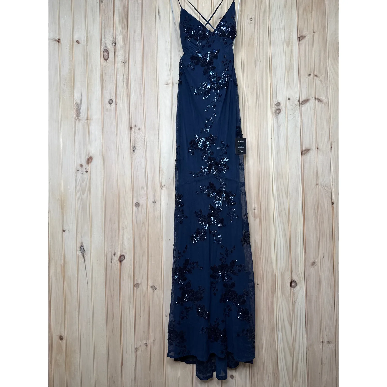 NWT Lulus Valhalla Navy Blue Sequin Lace-Up Maxi Dress Banquet Gala NYE Glam L - Image 4