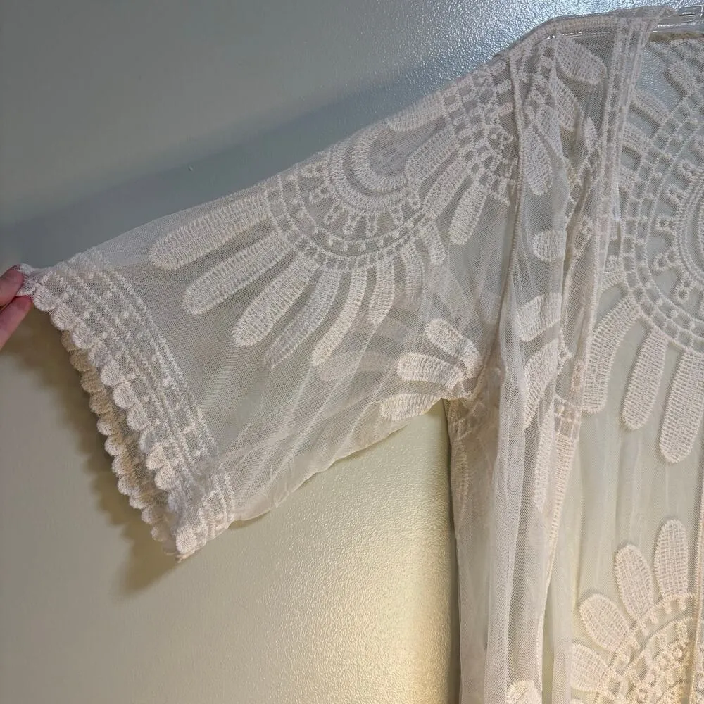 Rebellion Cream Boho White Sheer Lace Midi Kimono Cardigan Beach Coverup Medium - Image 5