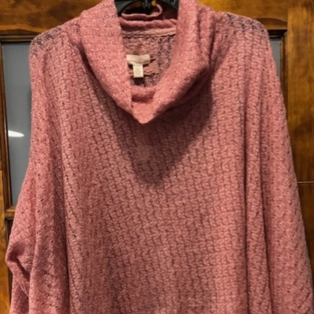 Cupio XL Pink Rose Gold Sparkle Loose Knit Cowl Drape Sweater Romantic Chic - Image 2