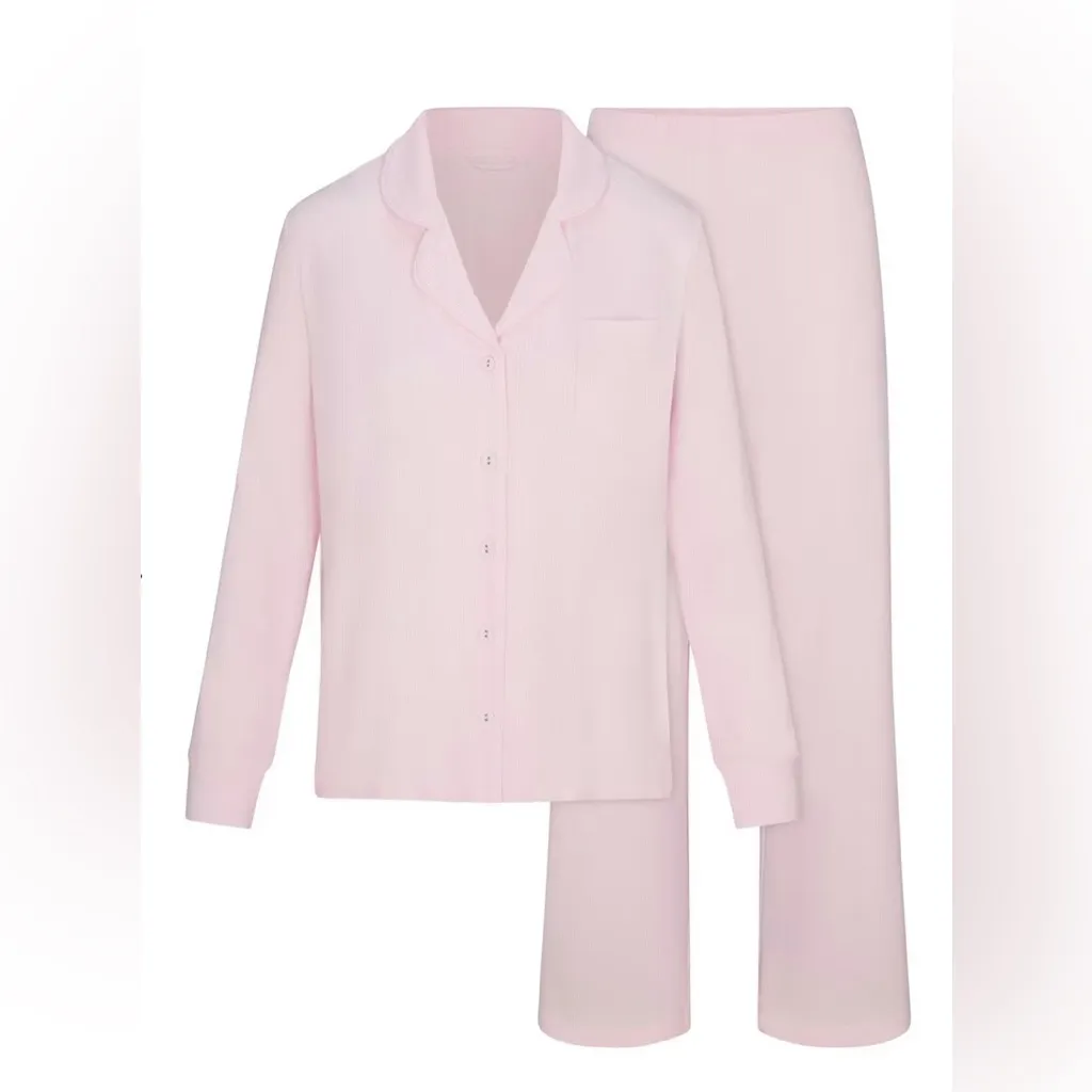 SKIMS NWT Sleep Long Sleeve Soft Pajama Set Pink Bloom Size XL - Image 3