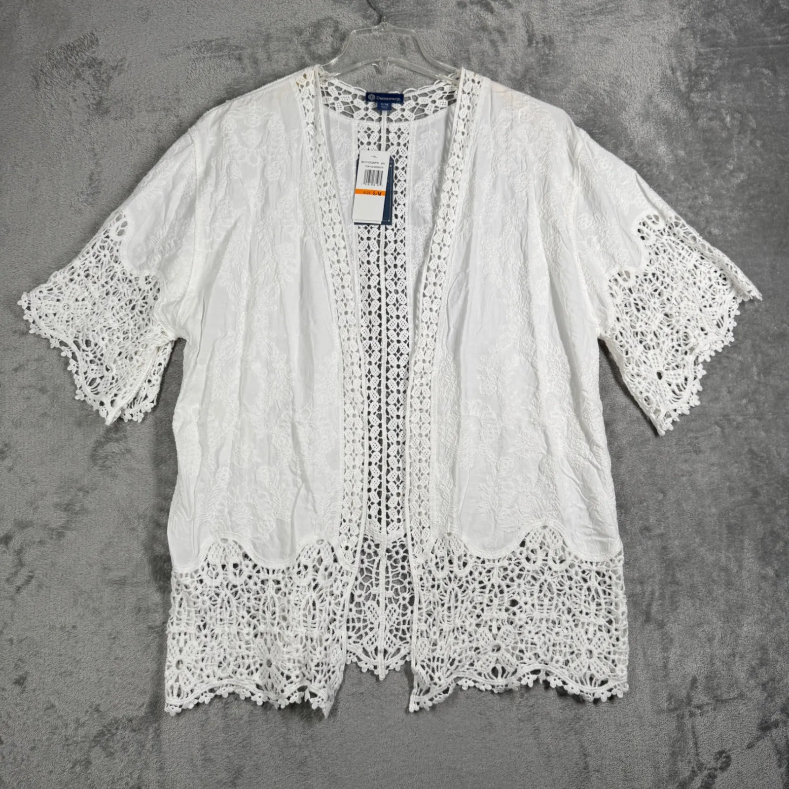 Democracy Crochet Kimono Womens S/M White Lace Open Front Boho Festival Cardigan - Image 2