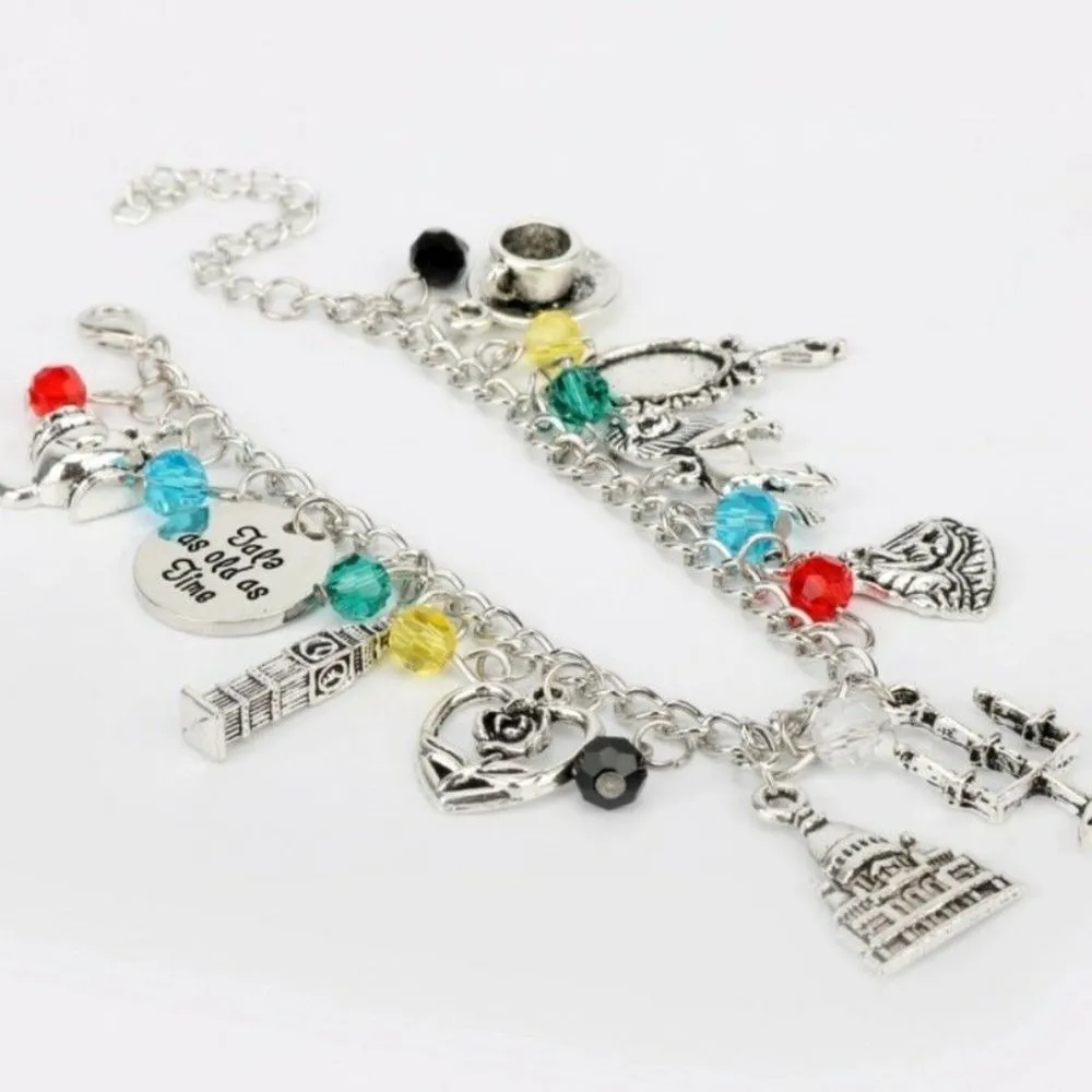 Disney Beauty and the Beast Charm Bracelet Belle Beast Rose Teacup Mirror Castle Silver - Image 4