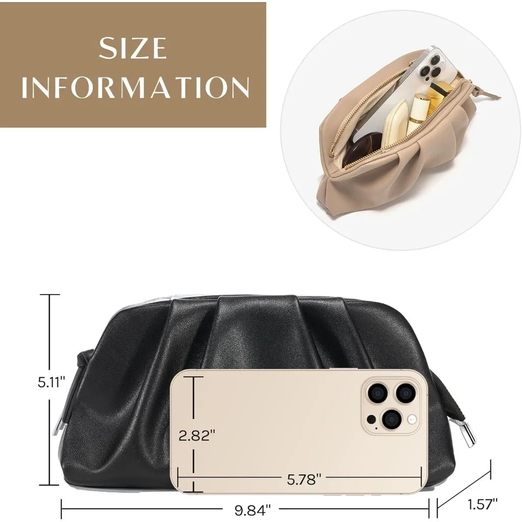 ⚡Women's Soft Pleated Vegan Leather Zipper Closure Evening Black Clutch Bag - Image 5