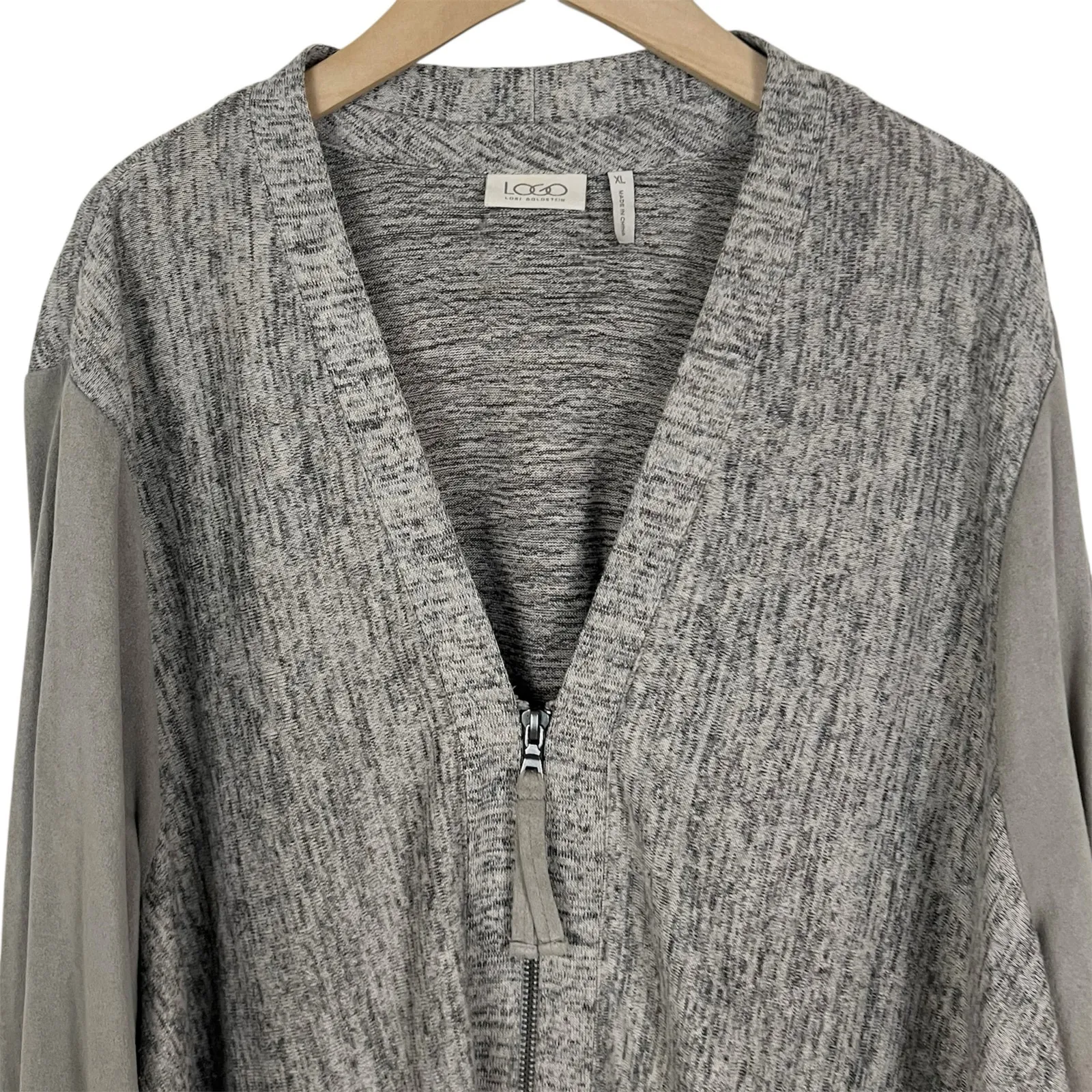 LOGO Lori Goldstein Faux Suede Sleeve Marled Knit ZIp Front Cardigan Gray XL - Image 3