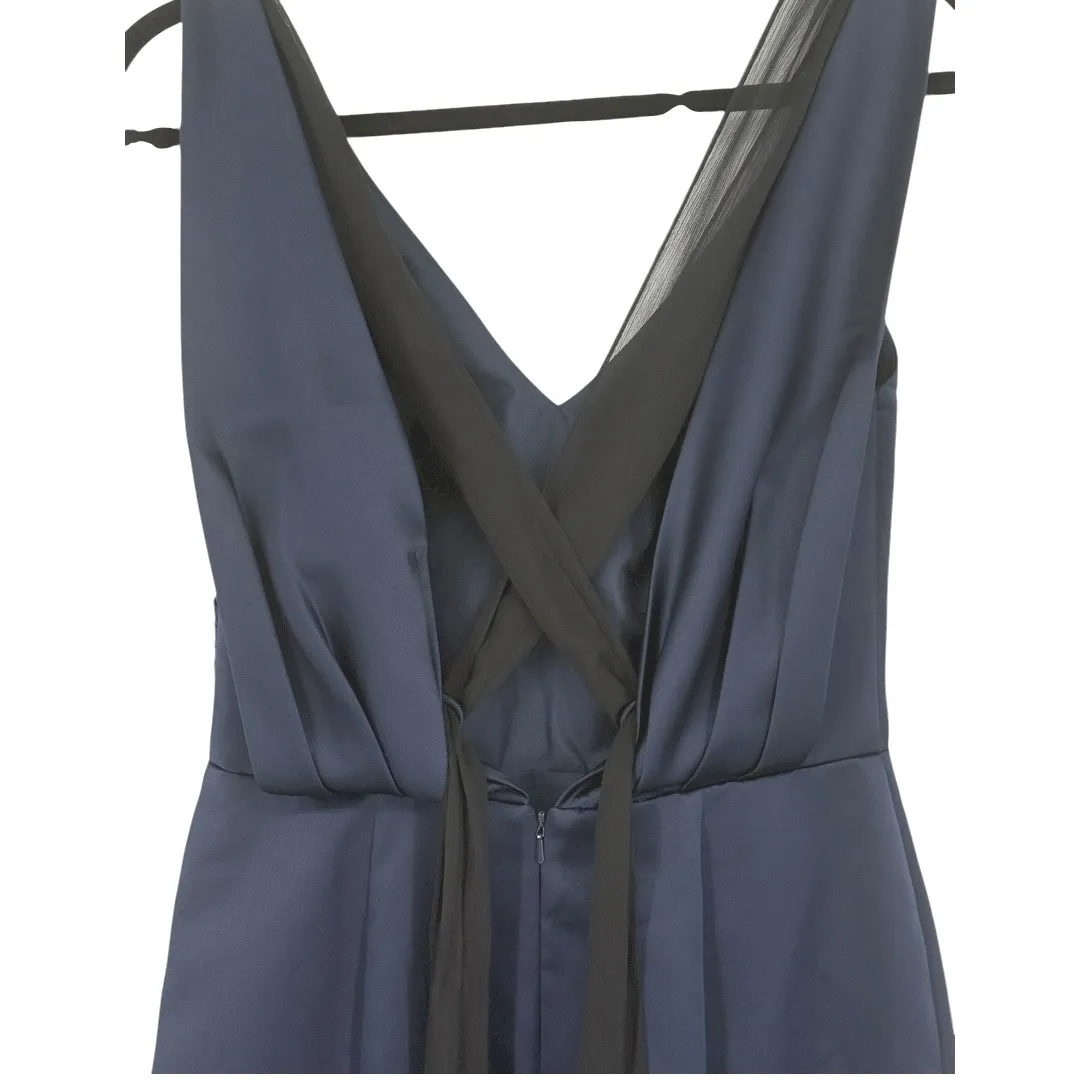 White by Vera Wang Navy Blue Satin V Neck Wrap Front Back Sash Maxi Dress Size 8 - Image 5