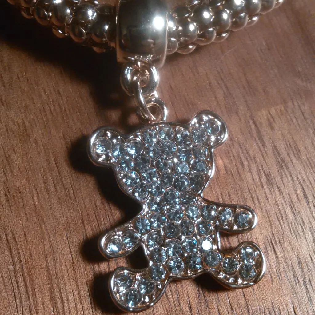 White Austrian Crystal Teddy Bear Goldtone Stretch Bracelet - Image 6