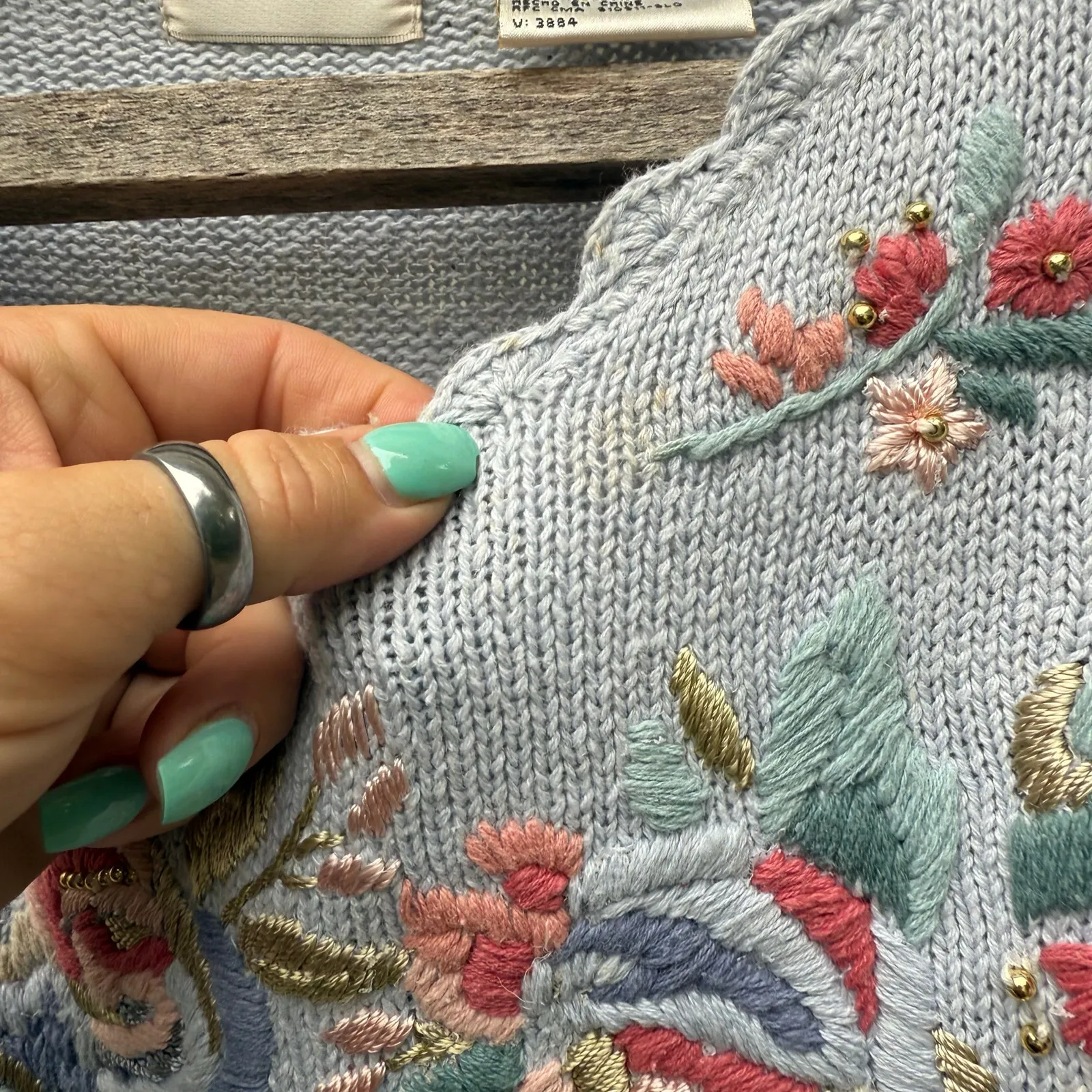 Vintage Granny Cottagecore Floral Long Sleeve Crochet Embroidered Sweater Blue L Size L - Image 6