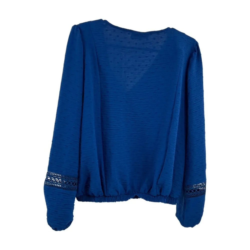 Lane Bryant royal blue long sleeve 16 Swiss dot v-neck top popover cutout detail - Image 2