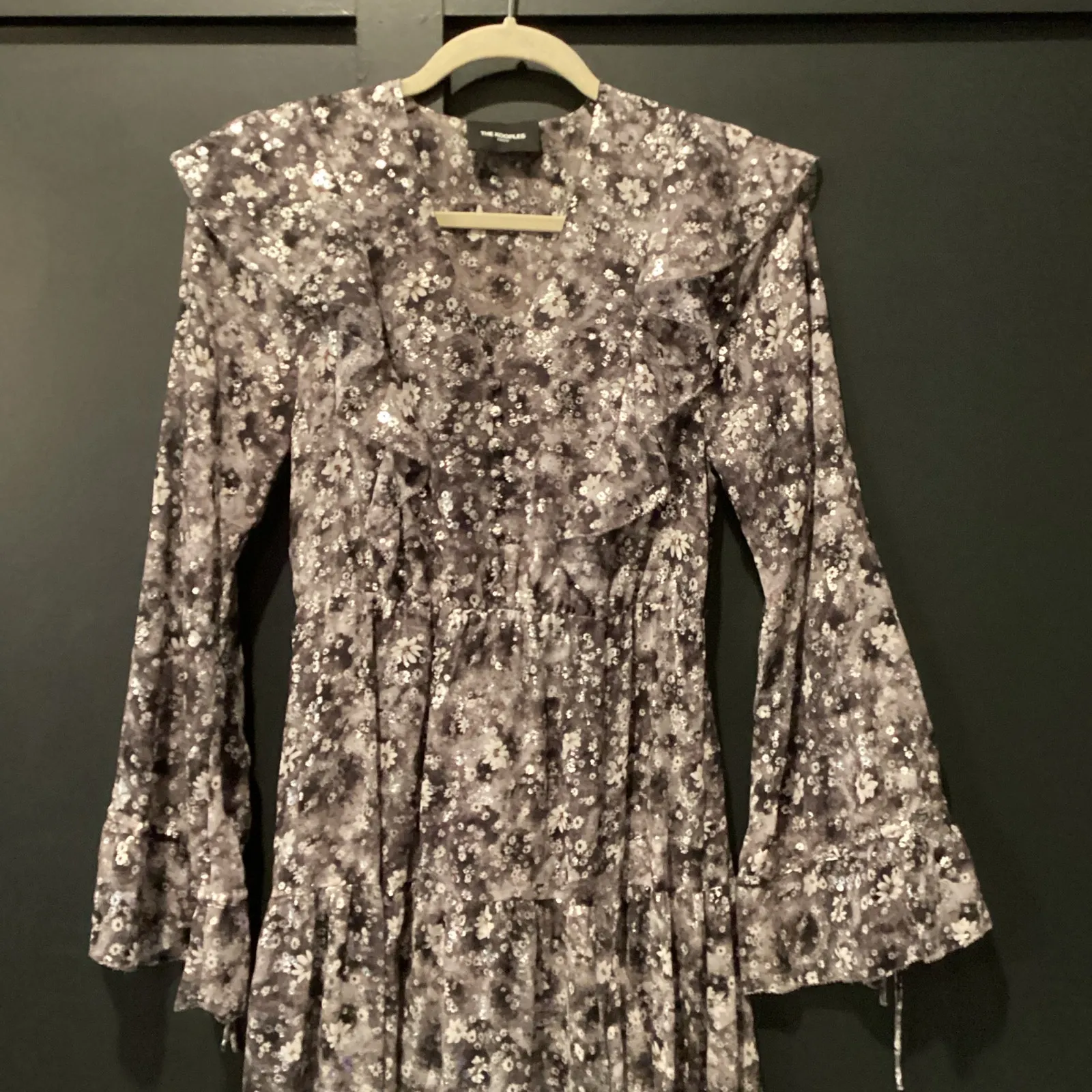 The Kooples black and Silver Floral Print ruffle v neck long sleeve midi dress 0 - Image 9