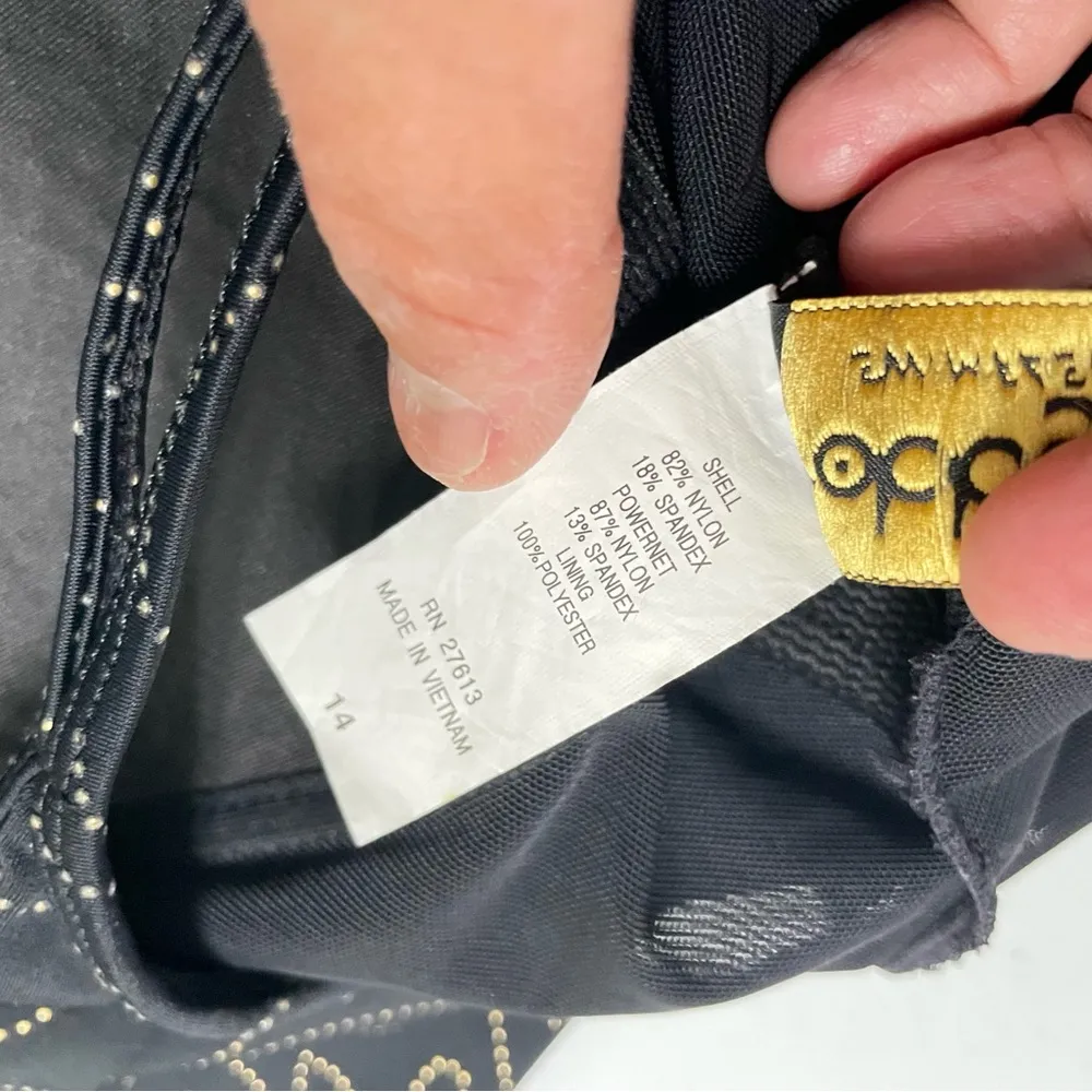 Robby Len Swimfashions Size 14 Skirted Swimsuit Black with Silver Beaded Swirls - Image 10