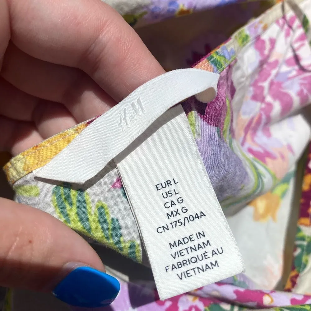 H&M large babydoll balloon puff quarter sleeve floral tan mini swing dress - Image 3