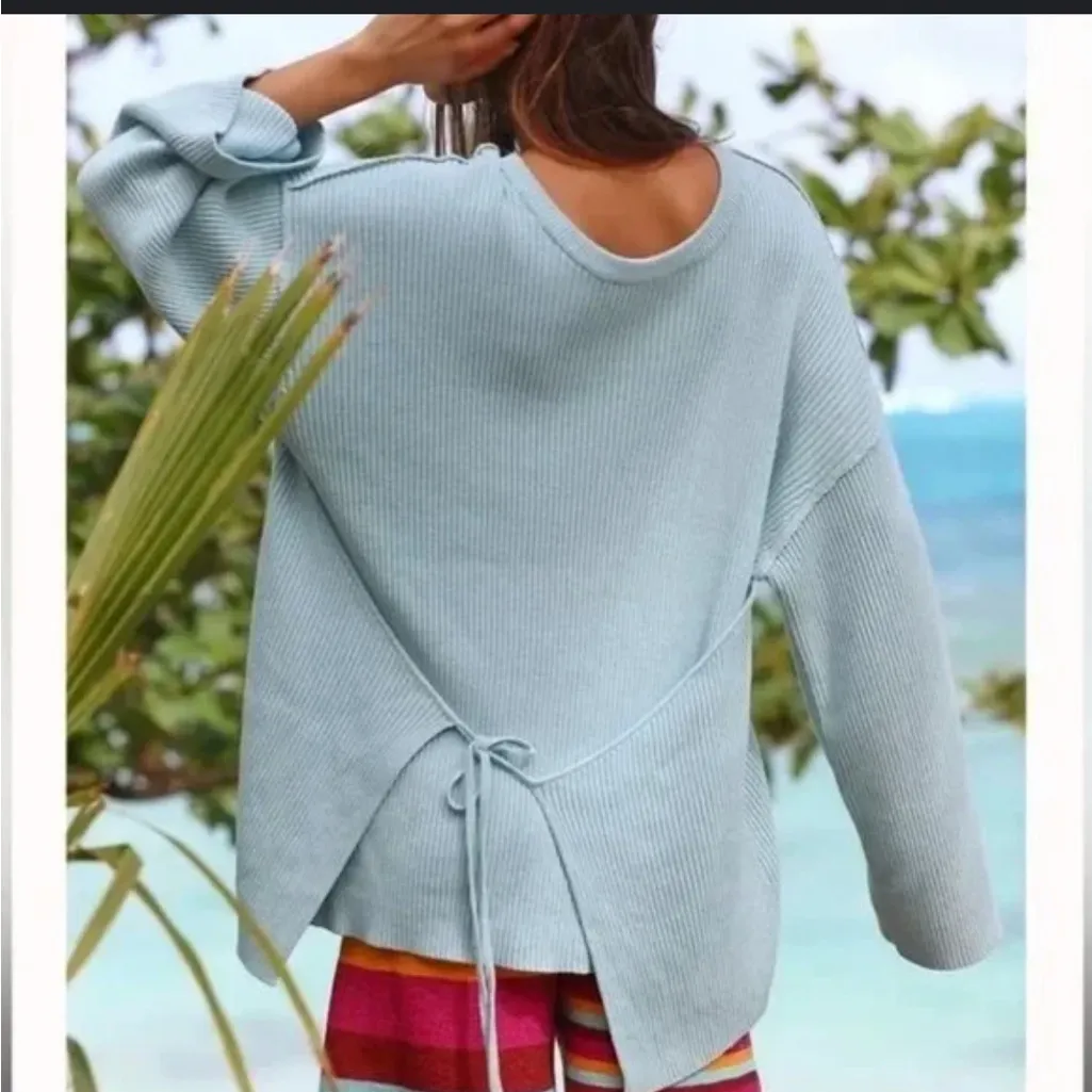 Free People Light Blue Crew Neck Ribbed Sweater Brig Oversized Pullover - Image 3