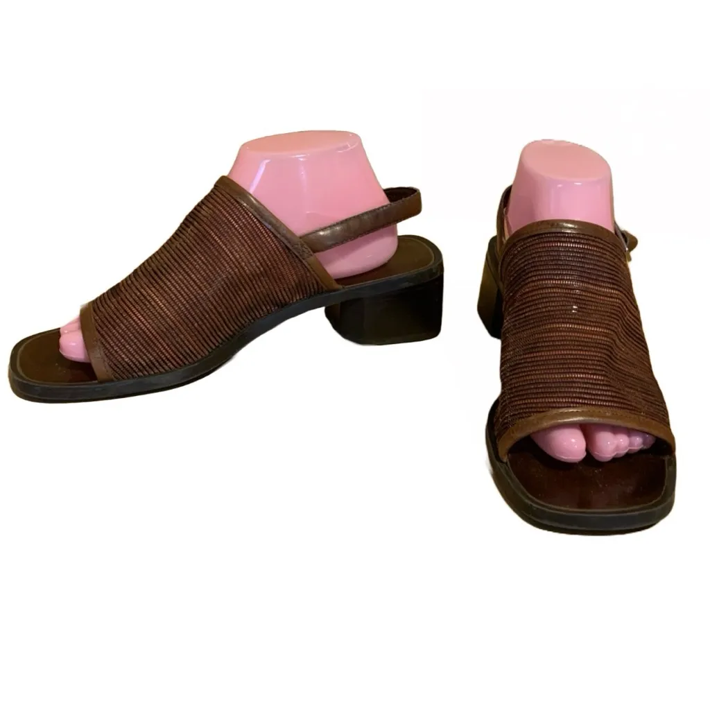 VINTAGE 1990'S/Y2K NINE WEST "BIDWELL" BROWN LEATHER SLINGBACK BLOCK HEELS (10) - Image 5