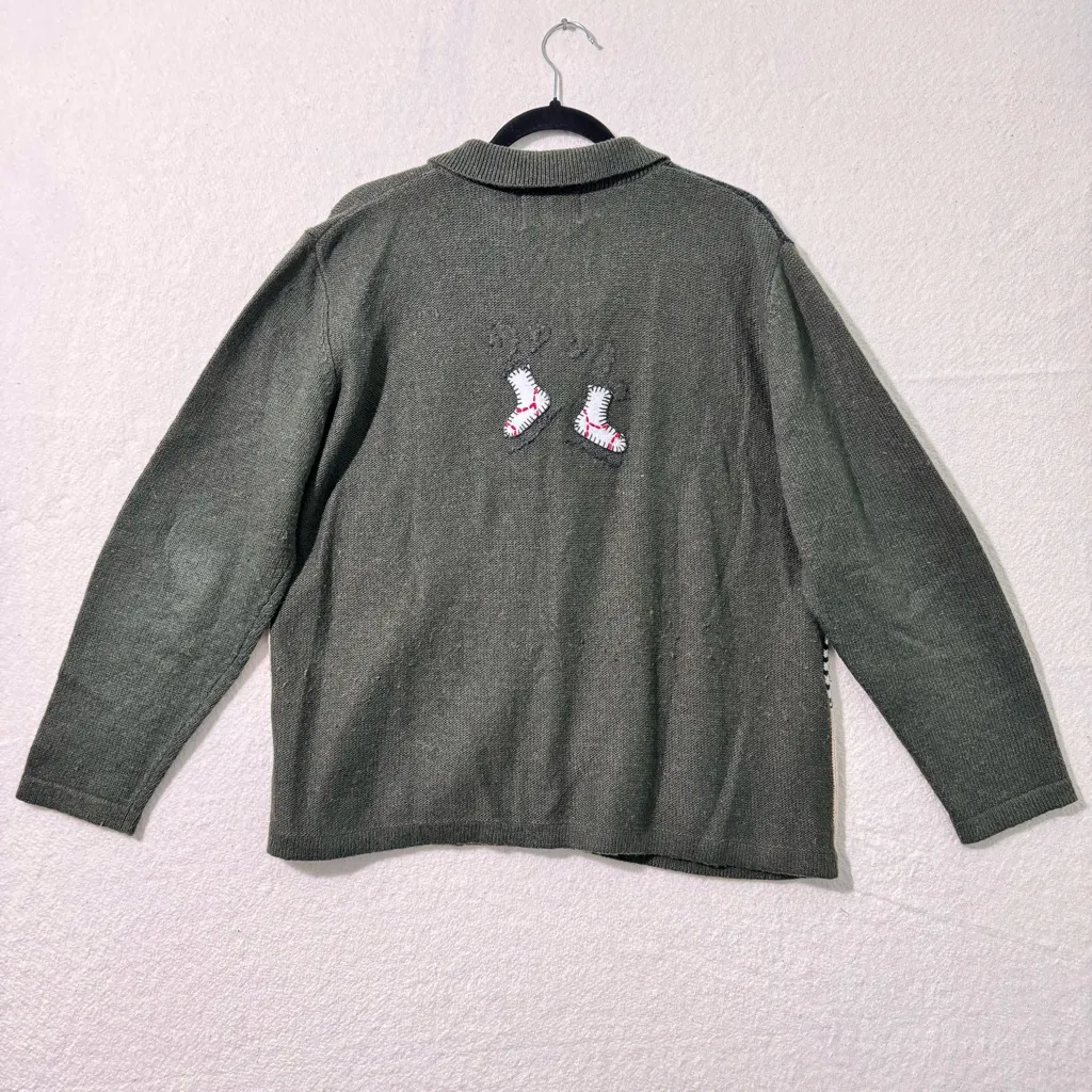 Northcrest Holiday Festive Winter Wonderland Ice Skating Cardigan Sweater Large Green - Image 2