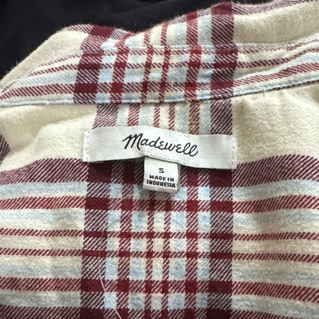 Madewell Women’s  Cream and Burgundy Plaid Button Down Flannel Shirt - Image 2