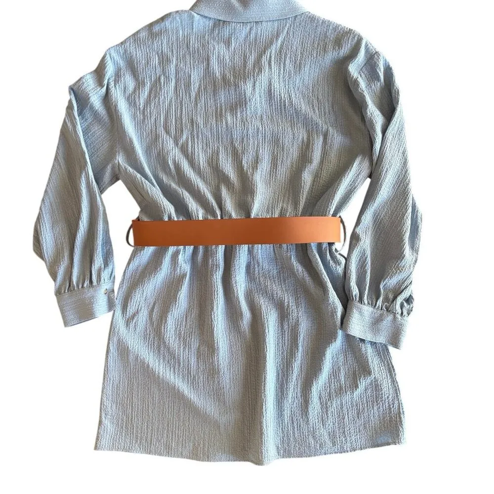 NWT Women’s Large Casual Blue Mini dress lapel collar long sleeves belted - Image 4
