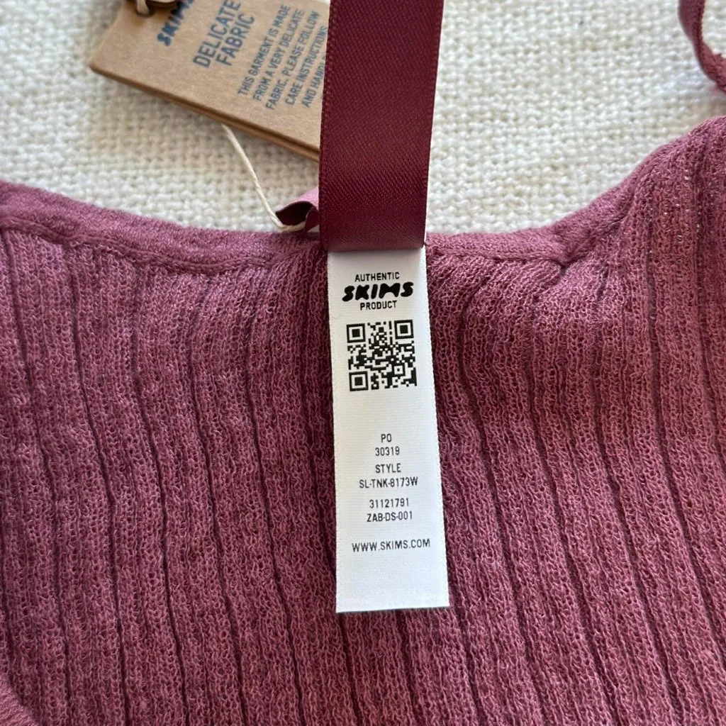 Skims Sheer Knit Plunge Tank in Beet, Size Small - Image 11