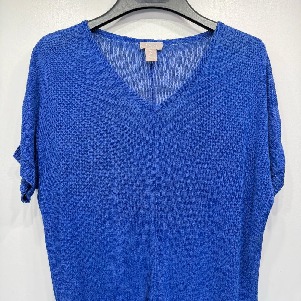 Chico’s Blue V Neck Linen Blend Loose Knit Dolman Short Sleeve Sweater Size 2/L - Image 2