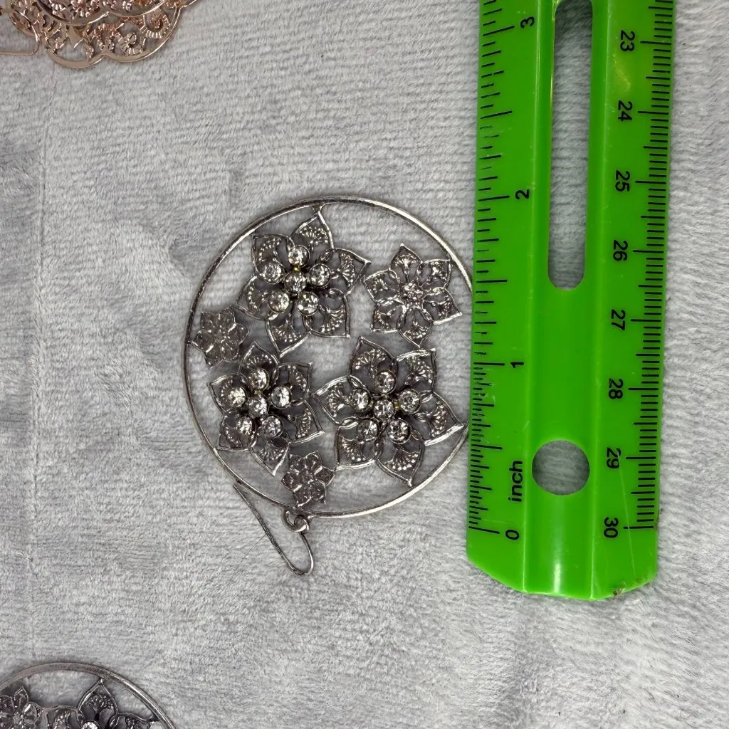 Floral Statement Dangle Earrings 2 Pair Pierced Hooks Silver & Gold - Image 8