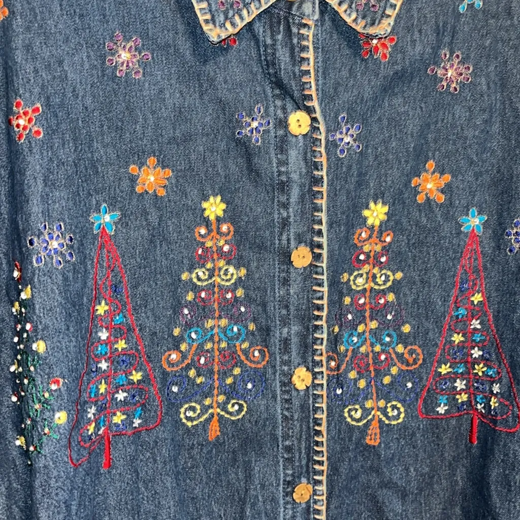 Vintage Blue Denim Embroidered Shirt colorful holiday Christmas New Directions Size 3X - Image 2