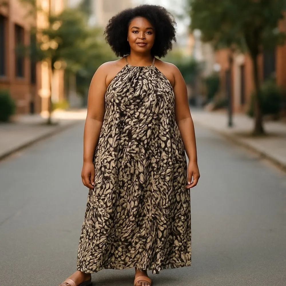 Mille Gabrielle Hi Low Midi Length Lightweight Unlined Brown Print 2X Halter Brown - Image 2