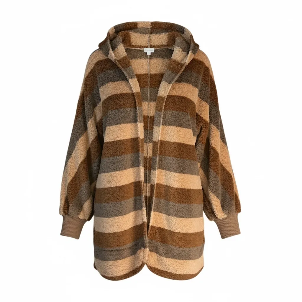 Hem & Thread  MULTI COLOR STRIPE OVERSIZED FUZZY HOODED JACKET - Image 2