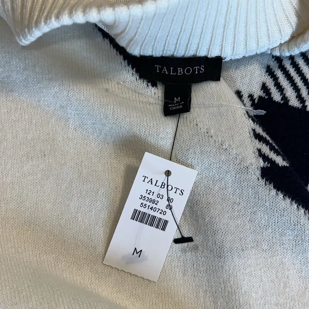 TALBOTS women’s medium mock neck sweater gingham heart ivory navy blue pullover - Image 7