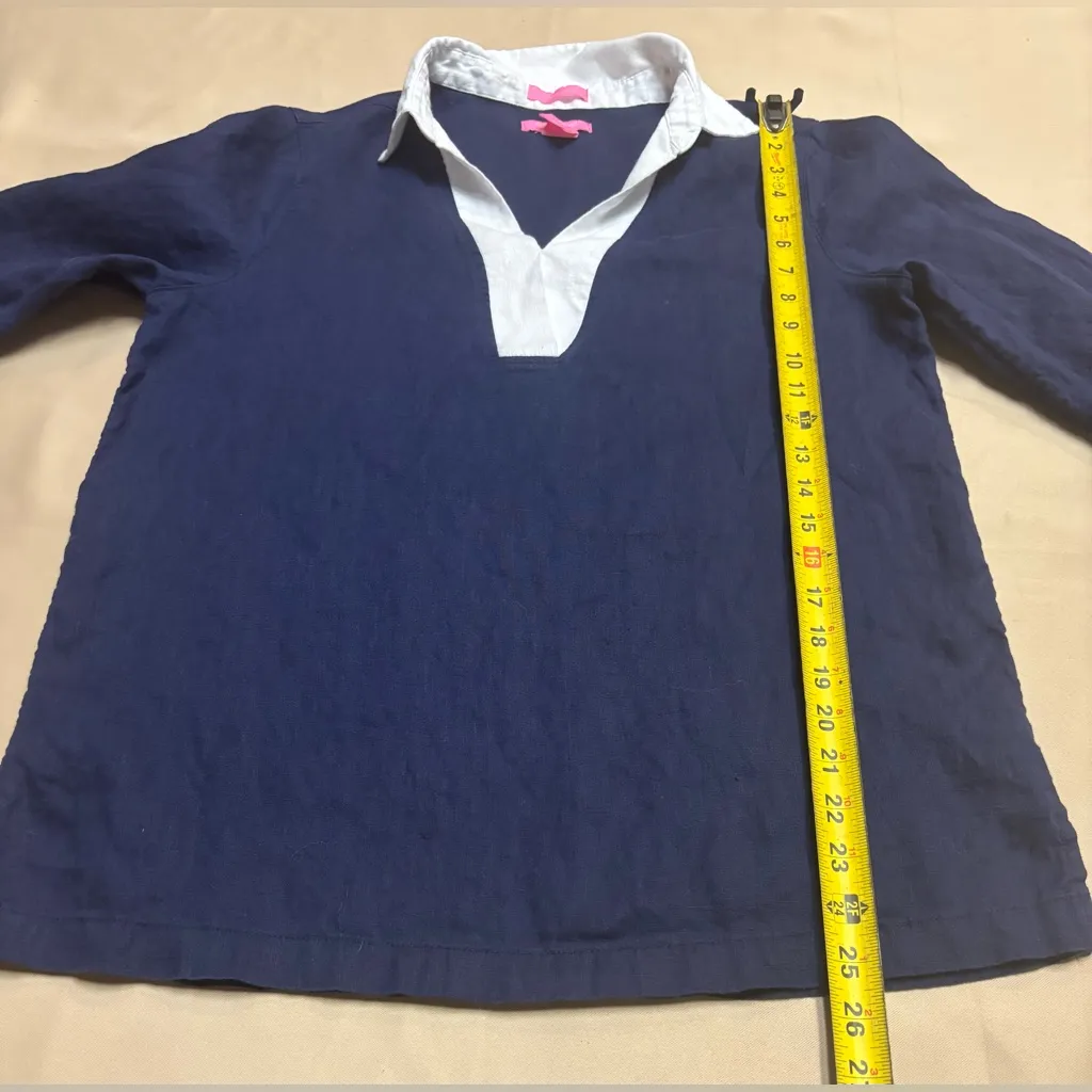 Isaac Mizrahi 100% Linen Womens Sz M V-Neck Blouse Tunic Navy Blue White Trim - Image 5