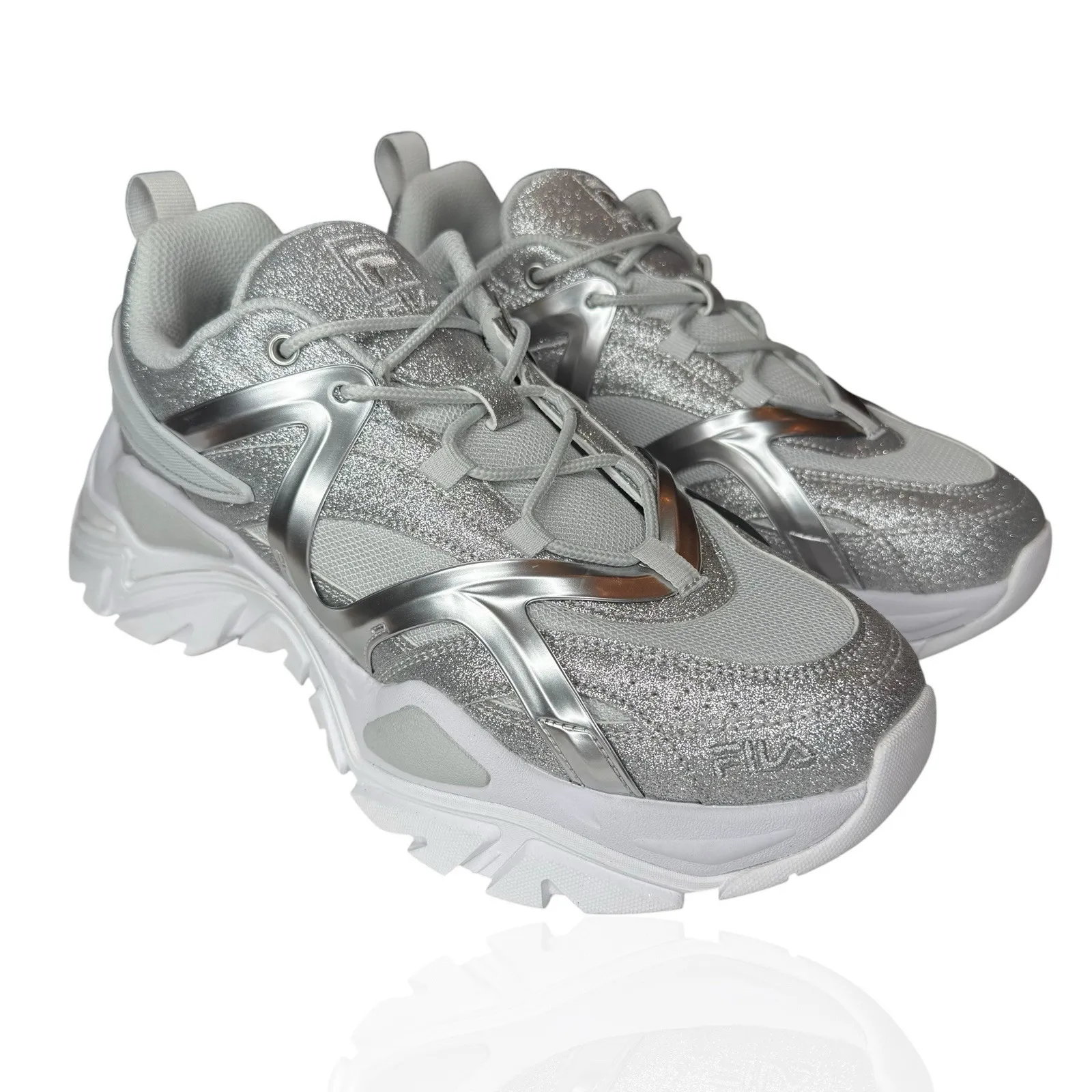 New Fila Women's 10 Electrove‎ 2 Sneakers Silver Sparkle Glitter Metallic Chunky - Image 4