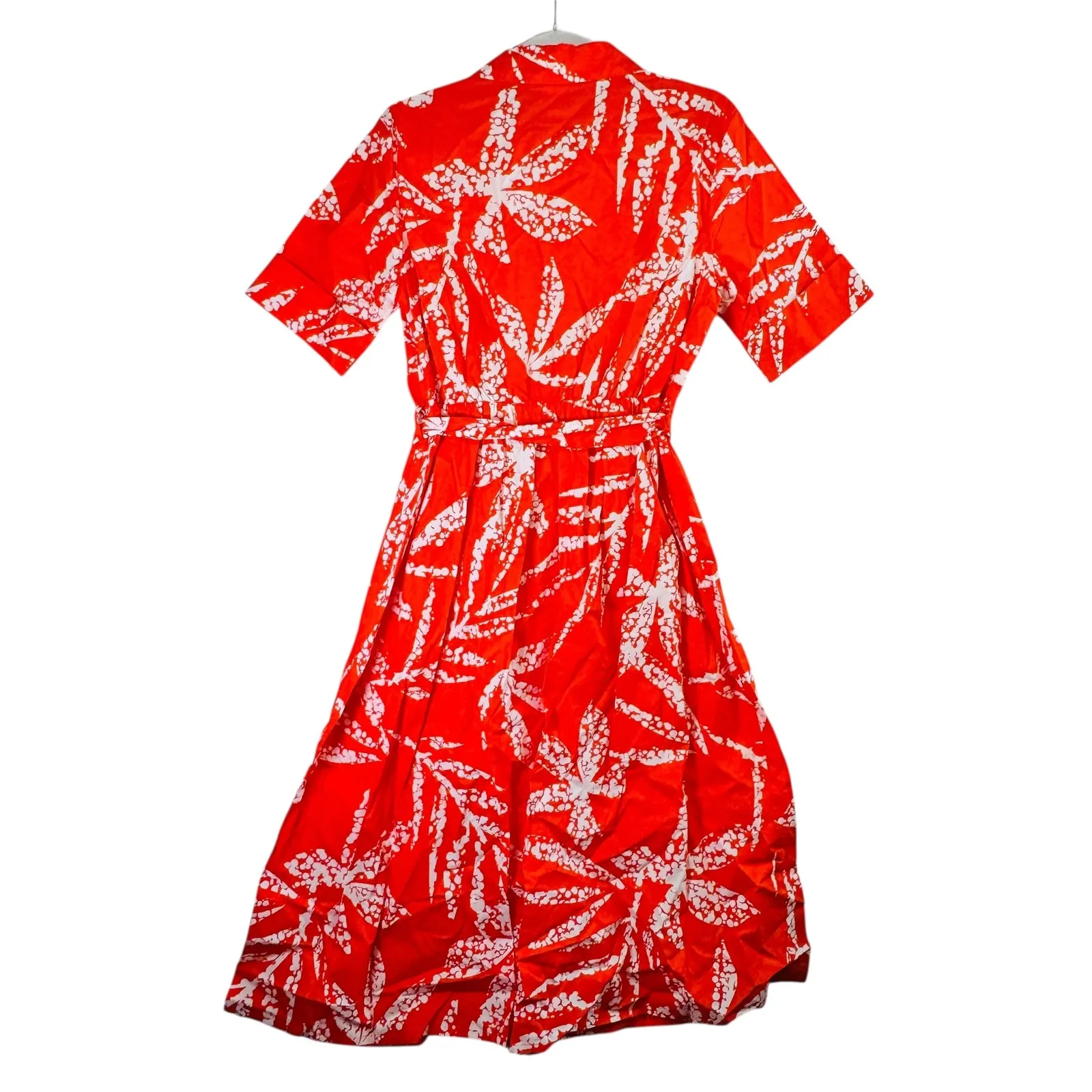 DKNY Shirt Dress Belted A-Line Red White Leaf Print Button Front Tie Waist Sz 12 - Image 2