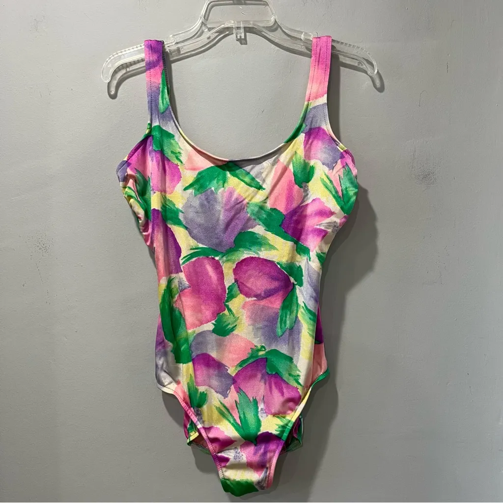 Vintage 80s 90s Lands' End One Piece Swimsuit Womens 16 Tropical Print w/bra - Image 2