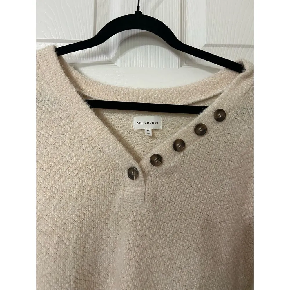 blu pepper Cozy Life beige button henley super soft sweater, Size M - Image 3