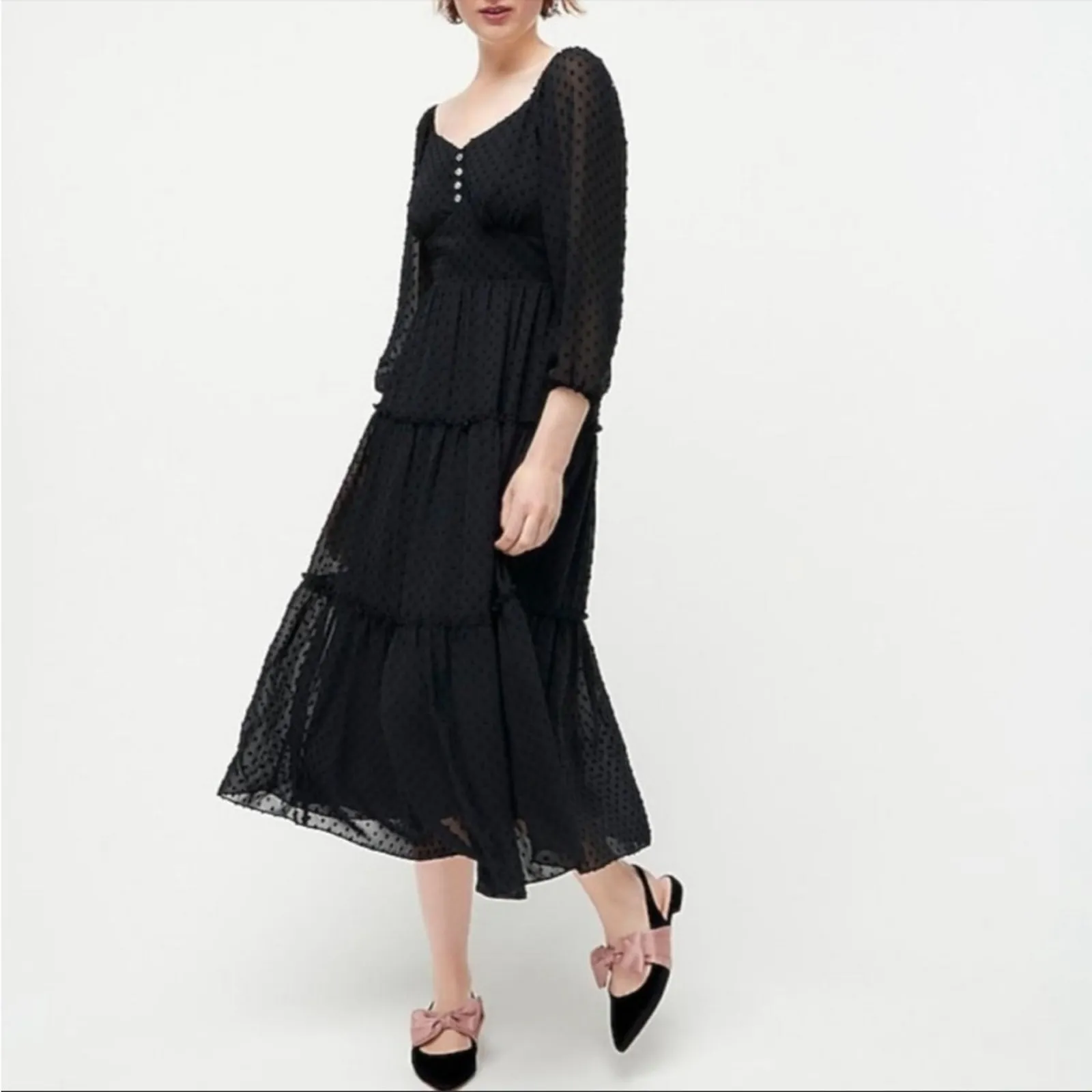 J. Crew Black Tiered Swiss Dot Midi Dress Size 4T - Image 11