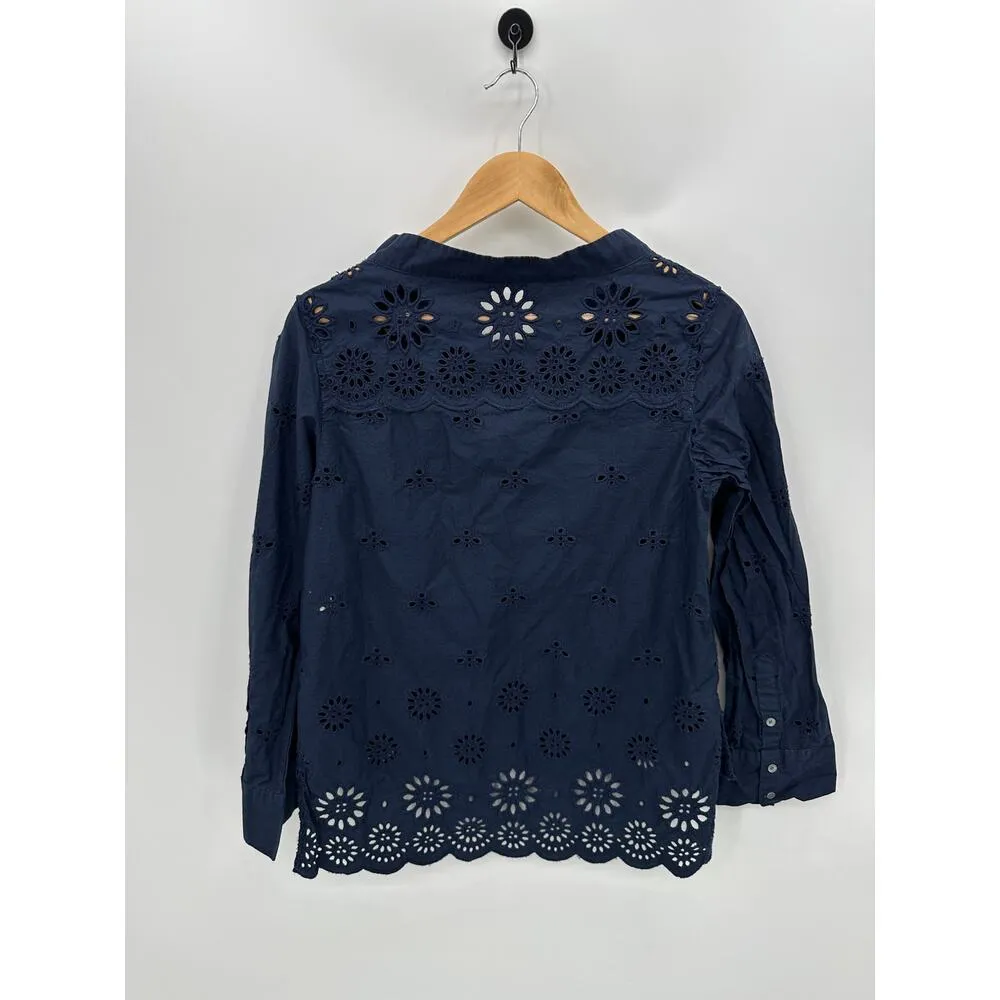 J. Crew Eyelet Top Women 8P Navy Blue Funnel Neck Popover Shirt Cotton - Image 2