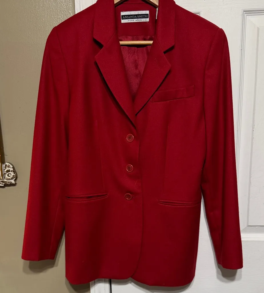 Amanda Smith Women's Bold Red Pure New Wool Suit Jacket Size 8 Chest 20” - Image 1