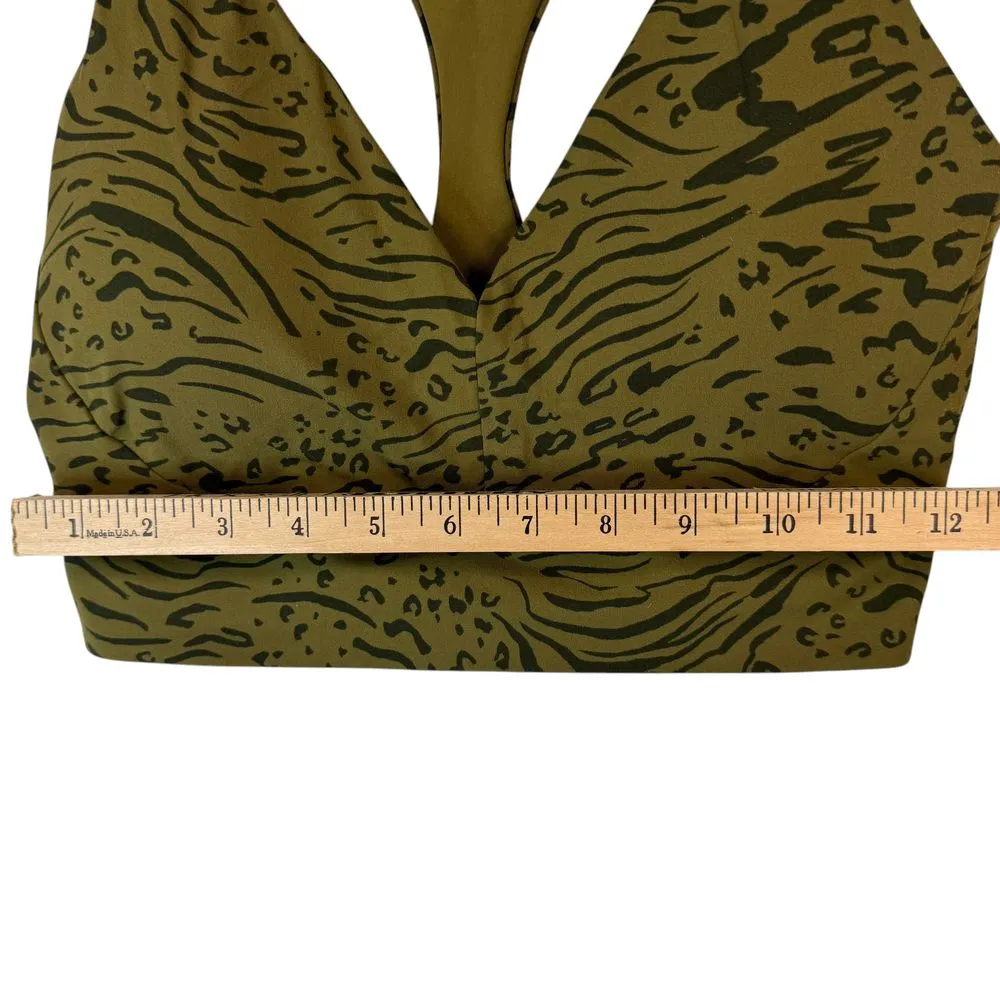 Athleta Animal Print Sports‎ Bra Olive Green Leopard Plunge Workout Top Size S - Image 6