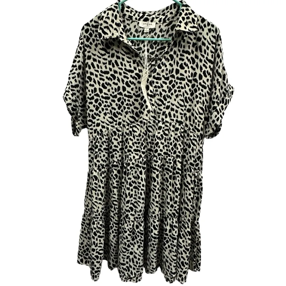 Umgee Animal Print Tiered Black Cream Short Sleeve Collared Babydoll Dress Large - Image 7