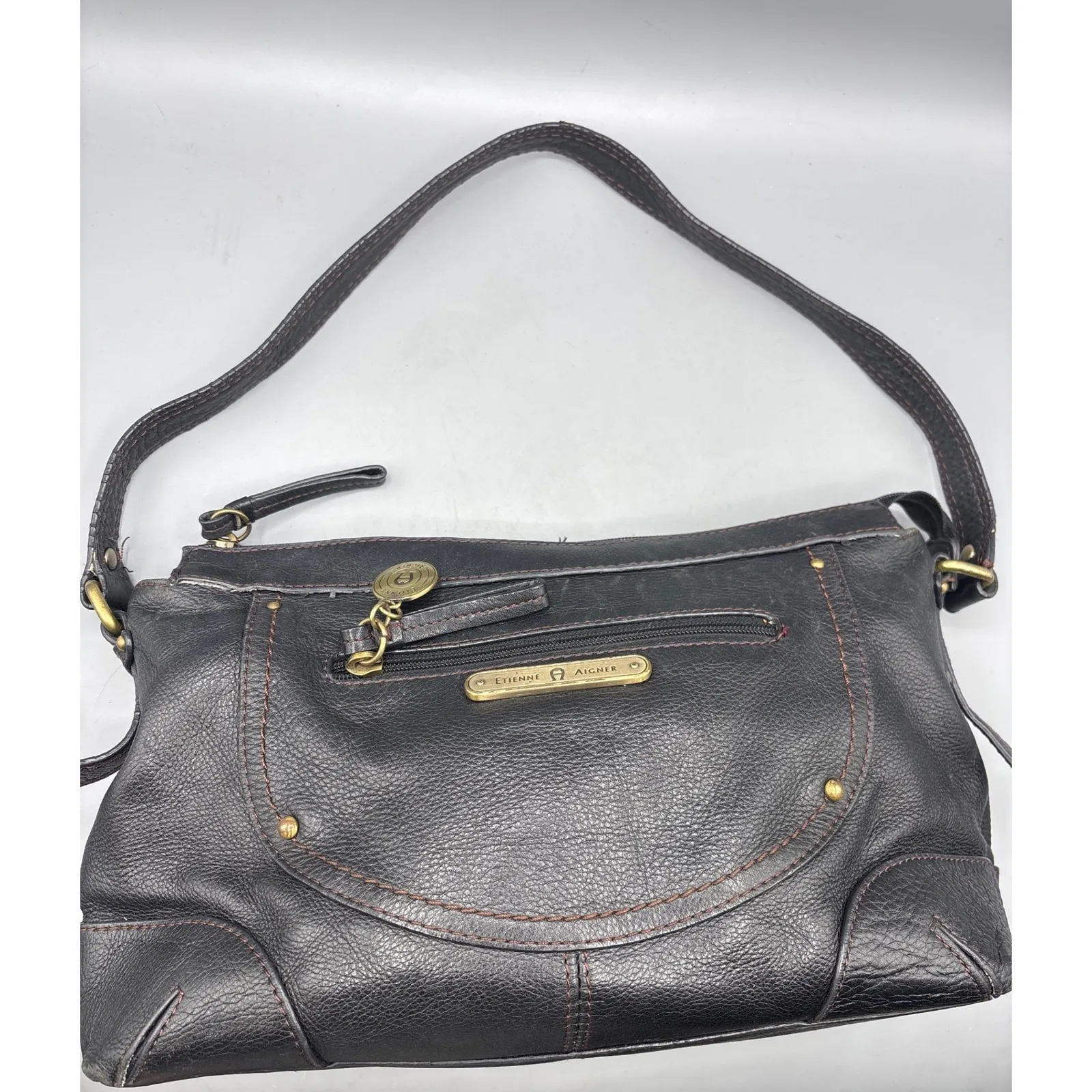 Etienne Aigner Black Leather Purse Shoulder Bag Adjustable Strap & Front Po - Image 8