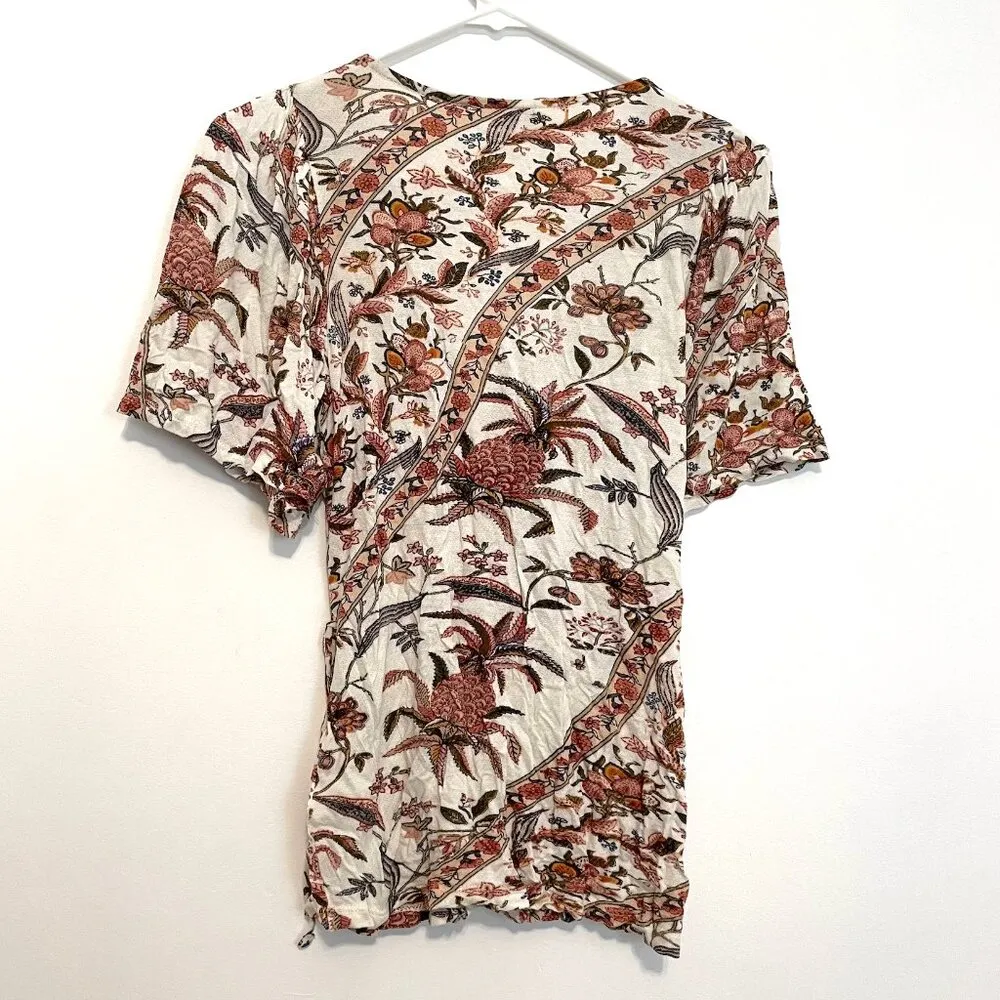 LUCKY BRAND Floral Print Wrap Top Cream Ivory Multi Short Sleeve Boho Surplice M - Image 13